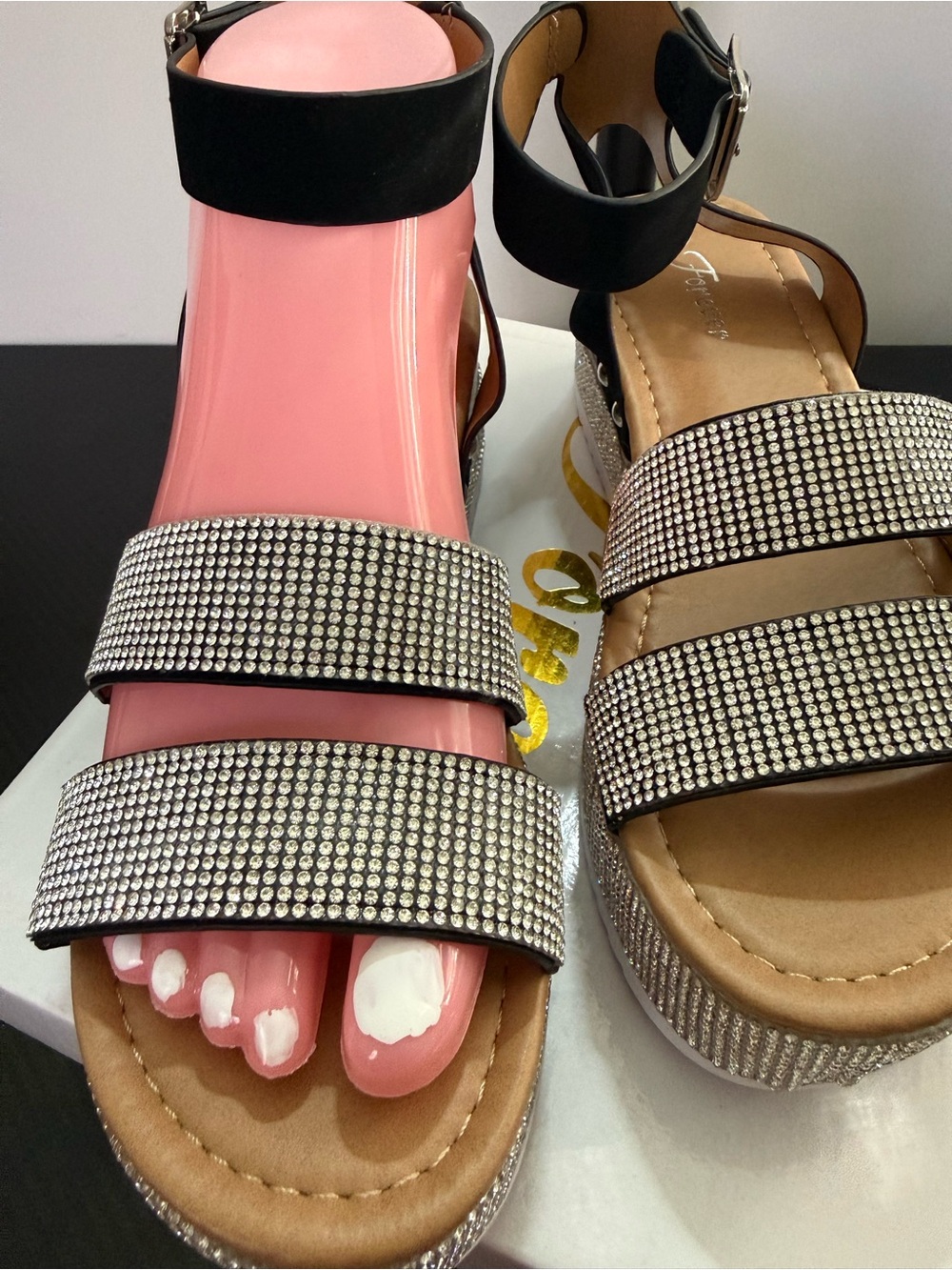 Forever 21 Black and Pink Rhinestone Platform Sandals